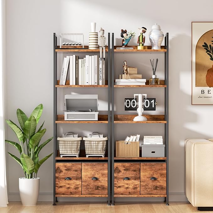 Furologee 5-Tier Bookshelf, Tall Bookcase with 2 Storage Drawers, Adjustable Industrial Display Standing Shelf Units, Wood and Metal Storage Rack for Living Room, Bedroom, Home Office Rustic Brown