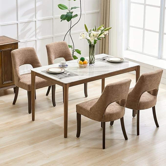 UVV Wooden Dining Chairs Set of 4, Mid Century Modern Upholstered Dining Room Chair Kitchen Chairs, Chenille Dinner Chair with Solid Wood Legs for Kitchen Dining Room, Khaki-Chenille