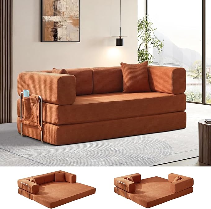 Folding Sofa Bed Convertable Corduroy Couch King Size Floor Sleeper 4-in-1 DIY Combination Modular Sofa Fold Out Futon Lounge Comfy Foldable Lazy cama for Living Room (Orange, 80.15")