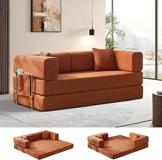 Folding Sofa Bed Convertable Corduroy Couch King Size Floor Sleeper 4-in-1 DIY Combination Modular Sofa Fold Out Futon Lounge Comfy Foldable Lazy cama for Living Room (Orange, 80.15")