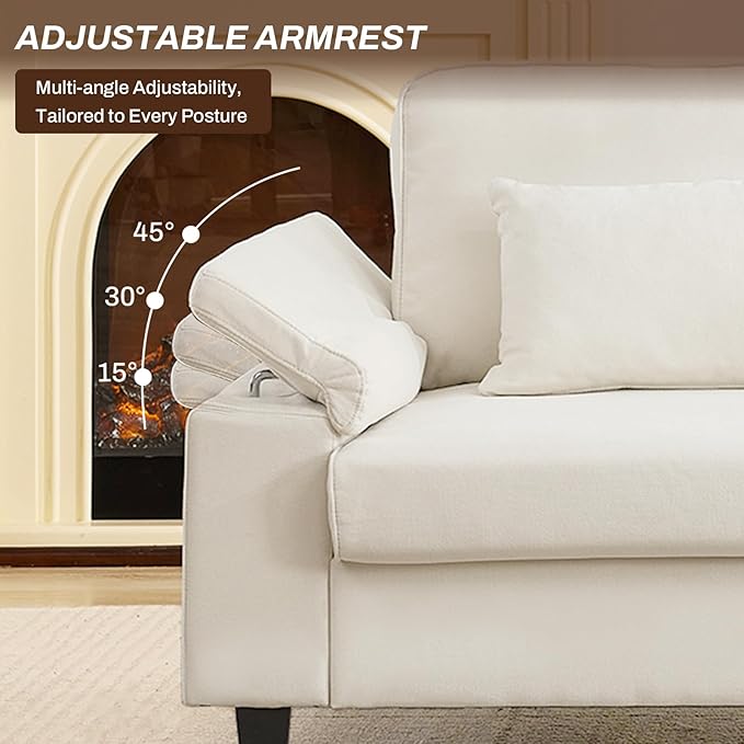 3 Seater Couch for Living Room, 79'' Comfy Deep Seat Sofa with Adjustable Armrests & USB/Type-C Charging Ports, Mid Century Modern Couch for Bedroom, Home Office, White