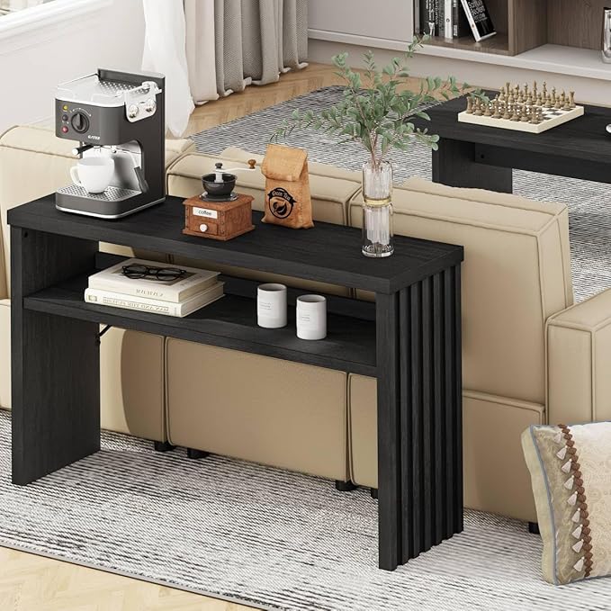 BON AUGURE Console Table with Storage, Black Entryway Table, Wooden Couch Tables Behind Sofa for Living Room, 2 Tier Front Door Entrance Tables (Black Oak, 47 Inches)