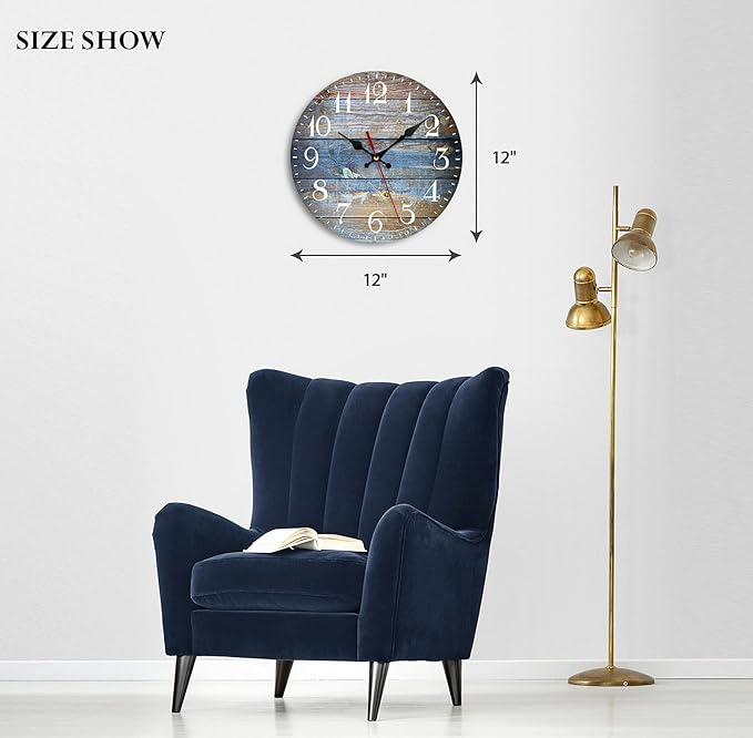 ArtSocket Wooden Wall Clock Silent Non-Ticking, Wood Old Retro Vintage Wooden Round Rustic Coastal Wall Clocks Decor for Home Kitchen Living Room Office, Battery Operated(12 Inch)