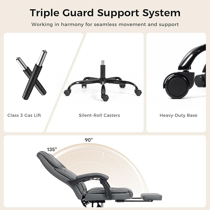 Office Chair with Footrest, Executive Breathable Leather Office Desk Chair with Lumbar Support - Ergonomic Comfy Wide Reclining Swivel Rolling Gaming Computer Chair with Adjustable 90-135° High Back