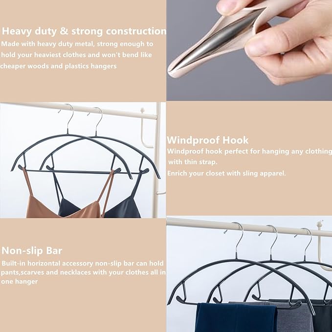 16.5 Inch Black No Shoulder Bumps No Mark Non-Slip Rubber Coated Contour Meta Hanger for Sweater T-Shirt Suit Coat Uniform with Pants Bar Pack of 20