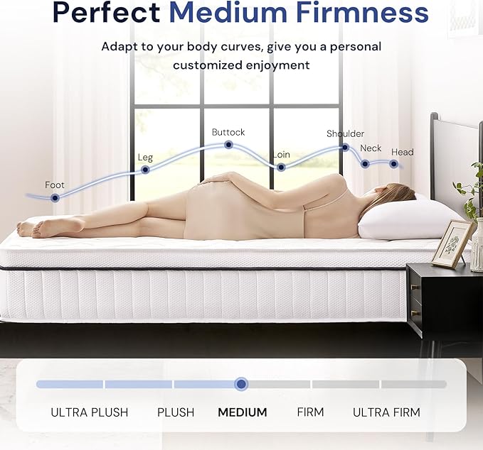 Full Mattress 10 Inch Hybrid Mattress - Medium Firm, Pocket Spring & Foam, White, Full Size - CertiPUR-US Certified