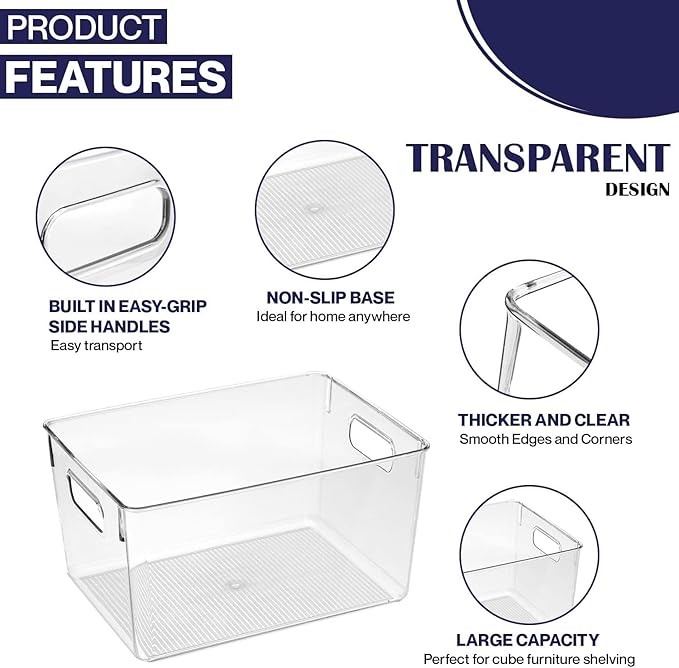 Clear Plastic Storage Bins, Pantry Organizers and Storage Containers Fridge Organizer Bins for Organizing Kitchen Cabinet Organizer Bin Bathroom Freezer Refrigerator Organization