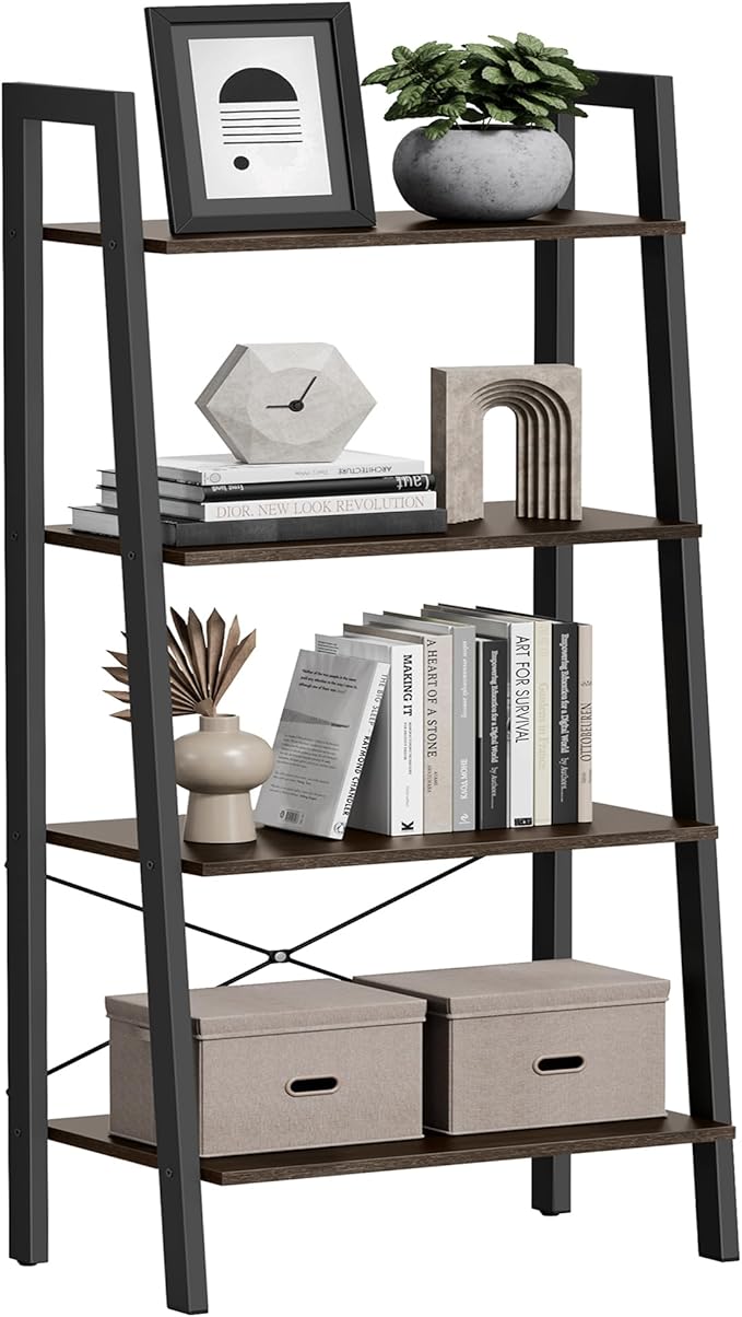 VASAGLE Ladder Shelf, 4-Tier Bookshelf, Storage Rack, Bookcase with Steel Frame, for Living Room, Home Office, Kitchen, Bedroom, Industrial Style, Hickory Brown and Ink Black ULLS44BF