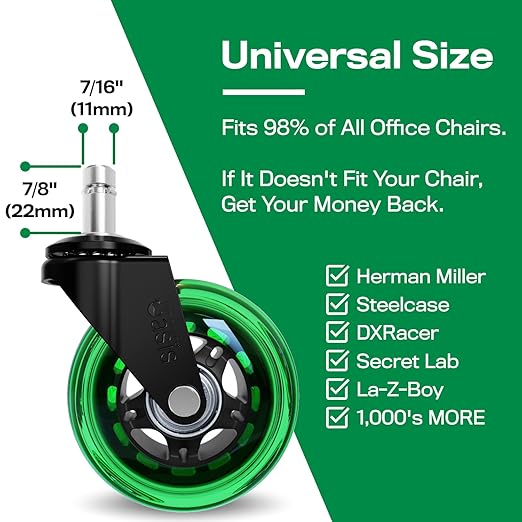 The Office Oasis Original Roller Style Office Chair Wheels (As Seen On PBS) - Smooth & Quiet Casters - Safe for Hardwood Floors & Carpet - Easy Install with Universal Fit - Set of 5 - Green