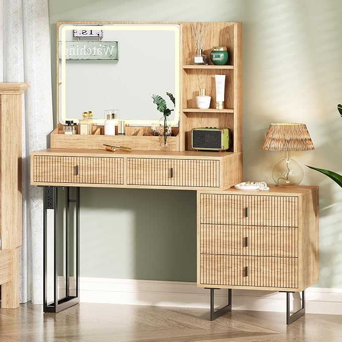 Large Vanity Desk with 3 Color Touch Screen Dimming Mirror, Vanity Desk with Charging Station, Modern Retractable Makeup Dressing Table, Makeup Table With storage shelves and 5 Sliding Drawers, Oak