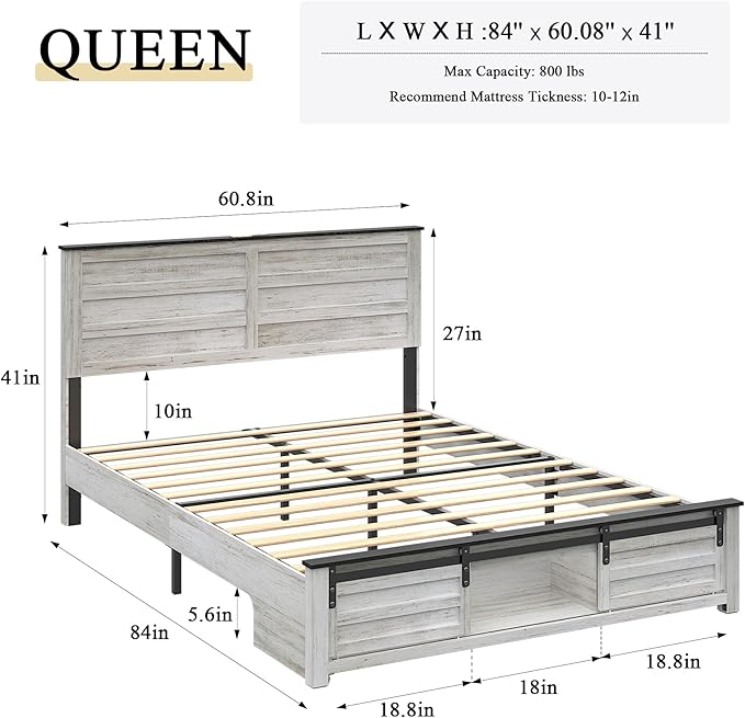 Wooden Bed Frame Queen Size with Headboard & Sliding Barn Door Storage Footboard, Farmhouse Platform Bedframe with Charging Station, No Box Spring Needed (Boho White, Queen)