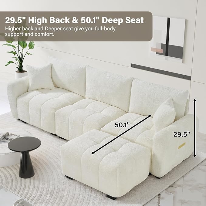 110" L Shaped Modern Boucle Sofa Modular Sectional Cloud Couch with Ottoman, Tufted 4-Seat Deep Seat Sofa with Pillows for Living Room, Bedroom and Apartment, Beige White