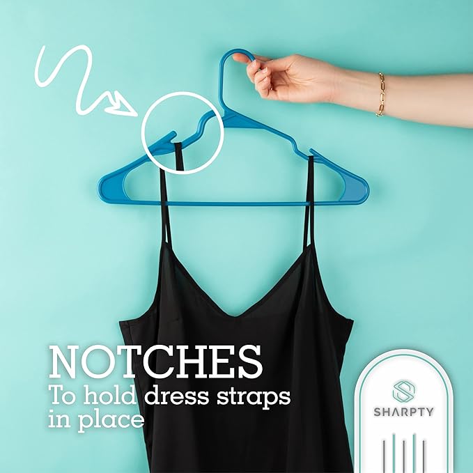 Sharpty Plastic Hangers Clothes Hangers for Clothing, Closet, Coats & Shirts - Notched, Durable, Thick, Tough & Space Saving - for Everyday Standard Use, Room Essentials & Basics - 20 Pack - Blue