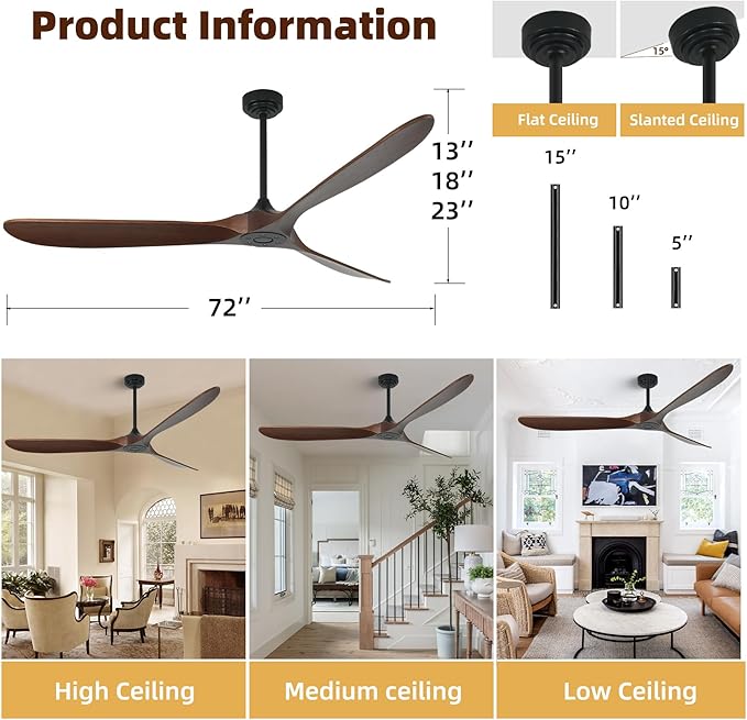 Ceiling Fan Without Light, 72 Inch Smart Wood Ceiling Fan no Lights, Compatible with Alexa/Google, 3 Natural Walnut Blades, Remote, Quiet Reversible DC Motor for Indoor Outdoor