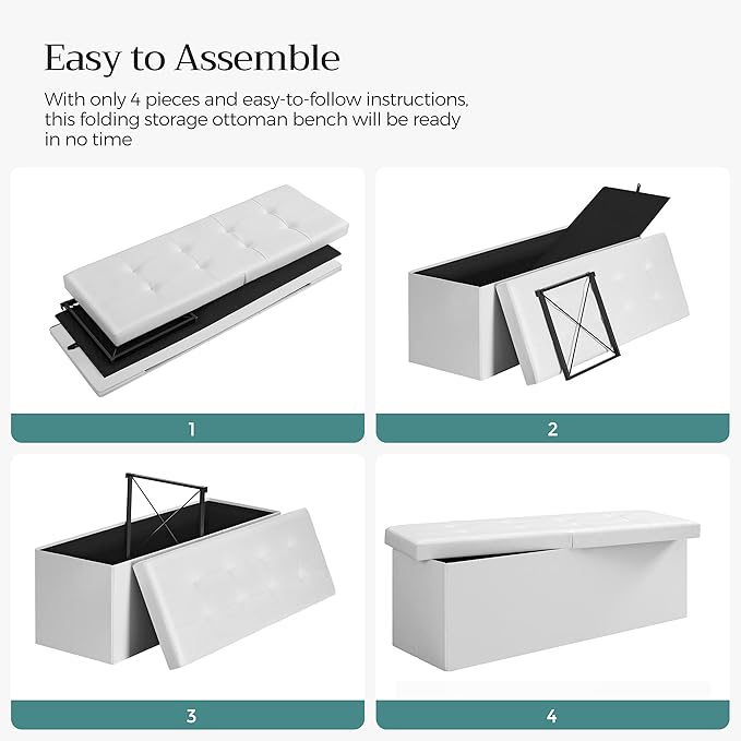 SONGMICS MAZIE Collection - 43 Inches Storage Ottoman Bench with Flipping Lid, Storage Chest with Iron Frame Support, Load 660 lb, for Living Room, Bedroom, Synthetic Leather, White ULSF75WT