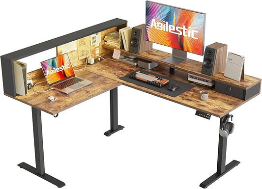 Agilestic L-Shaped Electric Standing Desk, 63x55 Inch Ergonomic Adjustable Height Desk with Storage, Stand Up Corner Desk Sit Stand Computer Table Power Outlet & LED Lights, Office Table, Rustic Brown
