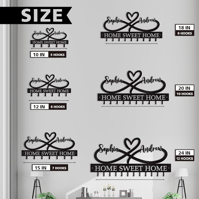 Personalized Custom Couple's Name Metal Key Holder - Love Shape Key Hooks for Wall, Housewarming Wedding Gifts, Bedroom Entryway