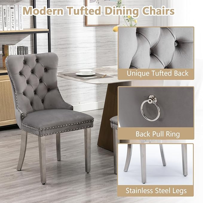 Goujxcy 5 Piece Glass Dining Table Set Modern Glass Dining Table Set for 4, 51" Rectangular Kitchen Table and 4 Velvet Upholstered Chairs for Kitchen Dining Room, Silver Table & Grey Chair