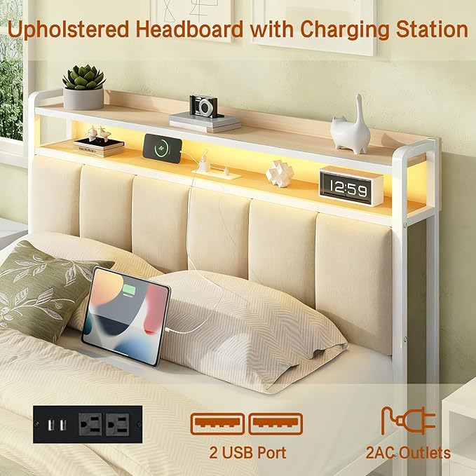 Full Size Bed Frame with Storage Headboard, Metal Platform Bed Frame Full with LED Lights and Charging Station, Heavy Duty Metal Slats, No Box Spring Needed, Easy Assembly, Beige