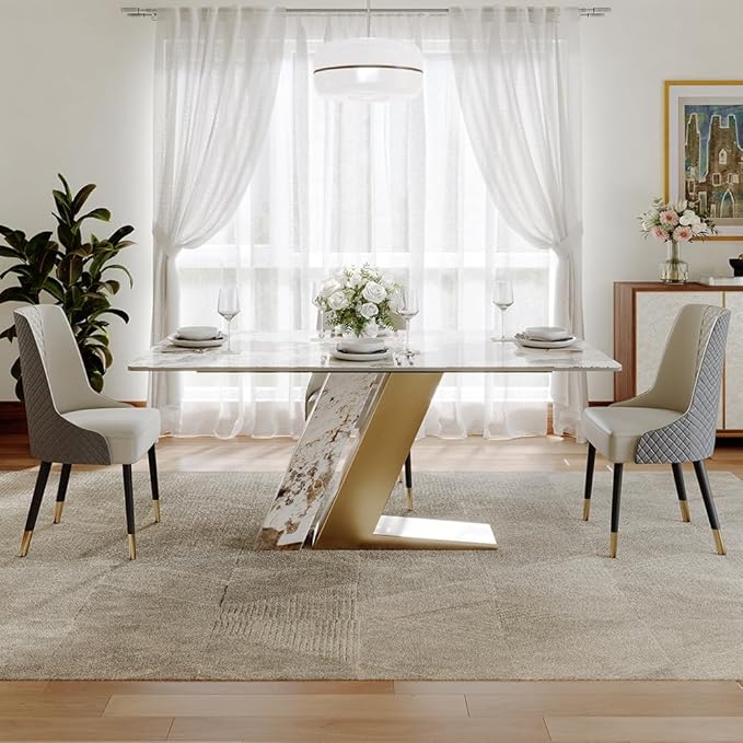 POVISON 63" Modern Luxury Gold Rectangular Dining Table for 4, Glossy Sintered Stone Tabletop, White and Gold Z-Shaped Stainless Steel Base (Dining Table Only)