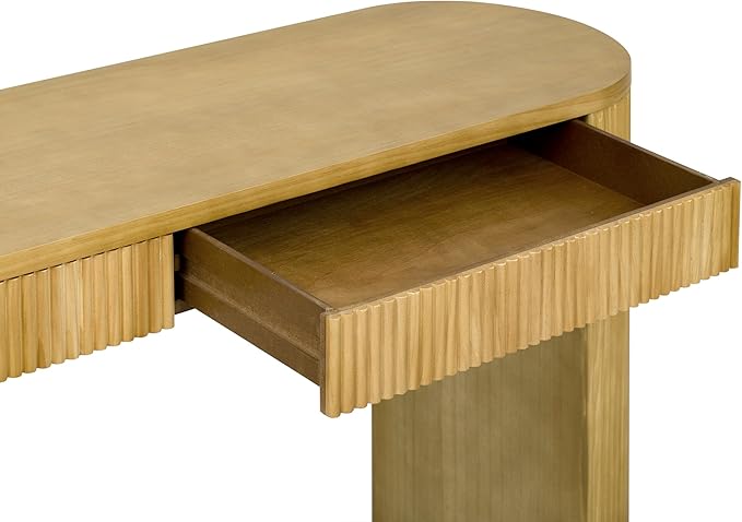 58.2-Inch Console Table with Dual Drawers, Pine Veneer, Natural Wood Grain, Striped Design, Arched Legs, Adjustable Feet for Living Room, Hallway, Foyer