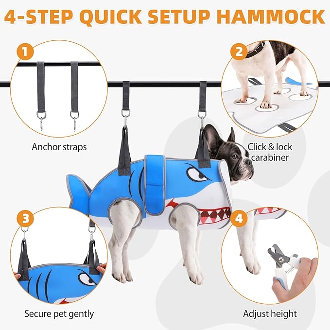Dog Grooming Hammock for Small Dogs Cats, Cute Shark Design Dog Hanging Harness for Nail Trimming/Clipping, Pet Sling with Grooming Kit and Thick Neck Support & Strap Restraint Claw Care, M