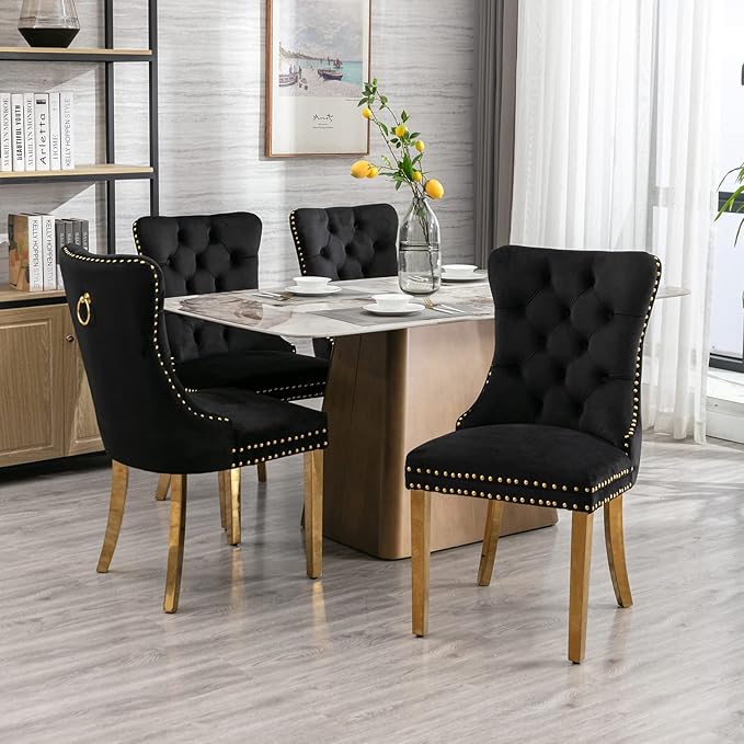 Luxury Upholstered Dining Chairs Set of 2, Black Kitchen Chair with Golden Metal Legs, Velvet Tufted Back Dining Chair, Sillas de Comedor, Modern Kitchen & Dining Room Chairs (Black, 2 Pcs)