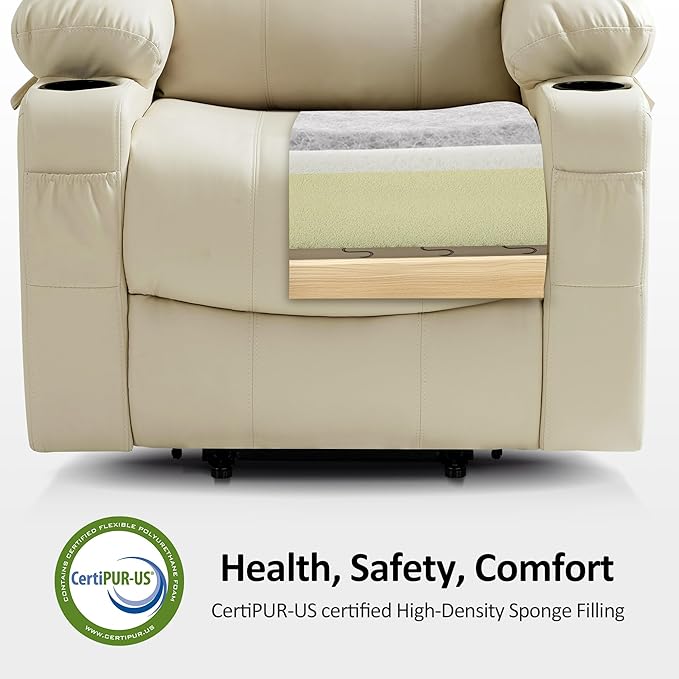 MCombo Power Lift Recliner Chair for Elderly, Lift Chair with Heat and Massage, FSC Certified, USB Ports, Cup Holders, Faux Leather 7040 (Cream White, Medium)