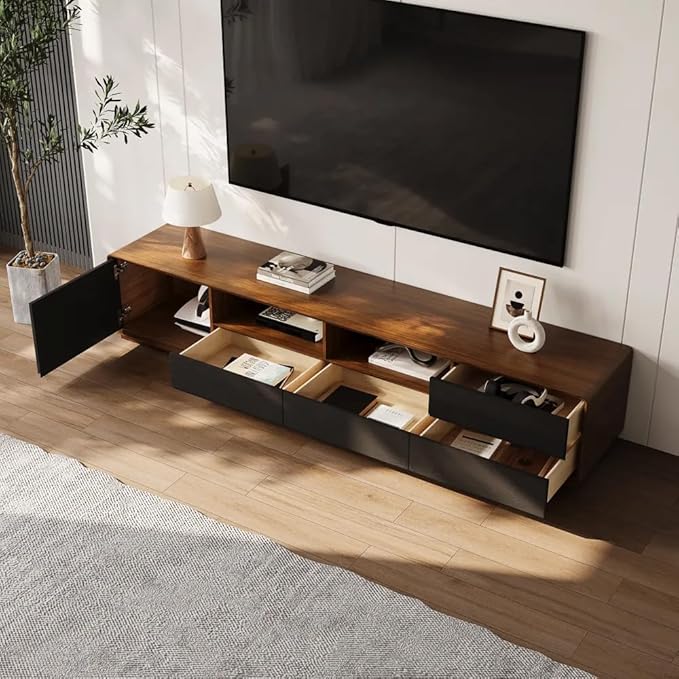 Modern Solid Wood TV Stand, Lowline Media Console with 4 Drawers, Open Storage Cabinet, Walnut Veneer, Fully-Assembled, 78"
