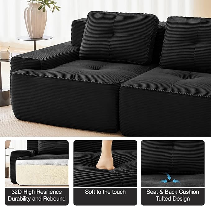 115" Modern Compressed Boneless Couch with Ottoman, 3 Seater Large U Shaped Sectional Couches for Living Room, Black Corduroy Cloud Modular Sectional Sofa, Memory Foam, Extra Deep, No Assembly