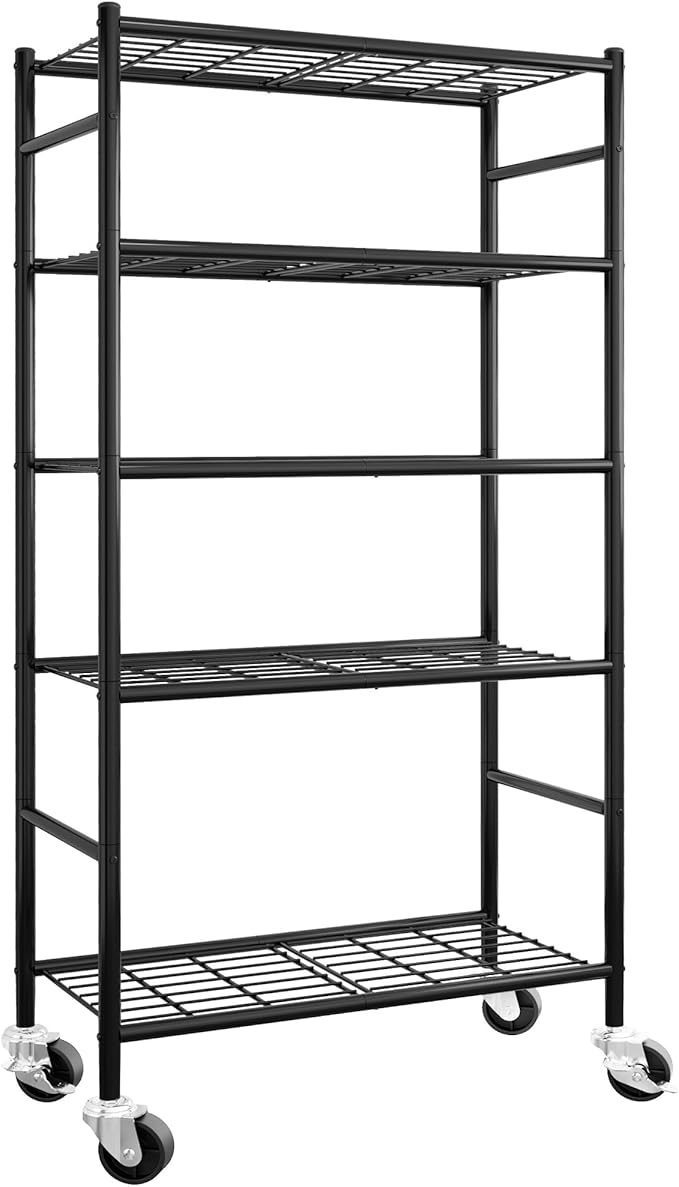 Storage Shelves Organizer - 5 Tier Metal Shelf Organizer with Metal Wheels and Adjustable Leveling Feet, Heavy Duty Garage Shelving for Kitchen, Pantry and Closet, 33.1"x12.6"x73.5", Black