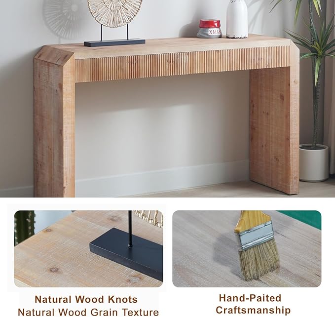 Rustic Wooden Console Table with Drawer, Sofa Table Behind Couch with Ribbed Texture, Retro Entryway Table for Hallway Foyer (51.8 Inch, Natural Wood)