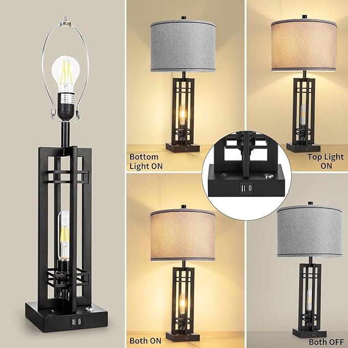 27" Touch Control Farmhouse Table Lamps, Set of 2 Tall Rustic Table Lamps 2-Light Design with USB A+C Ports, Bedside Lamps with Grey Shade for Living Room Home Office, 4 LED Bulbs Included