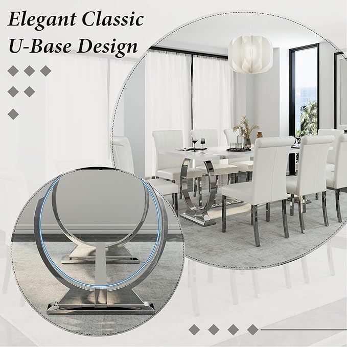 Asday 80 inch Dining Table, Luxury White and Silver Dining Room Table, Large Family Dining Table Modern Kitchen Table with Stainless Steel U-Base for Home Office Apartment