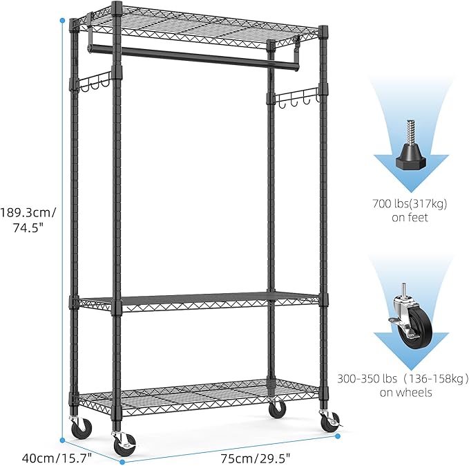 Heavy Duty Rolling Garment Rack 3 Tiers Adjustable Wire Shelving Clothes Rack with Rods and Side Hooks,Storage Closet Clothing Rack with Wheels Black 15.7" D x 29.5" W x 74.5" H