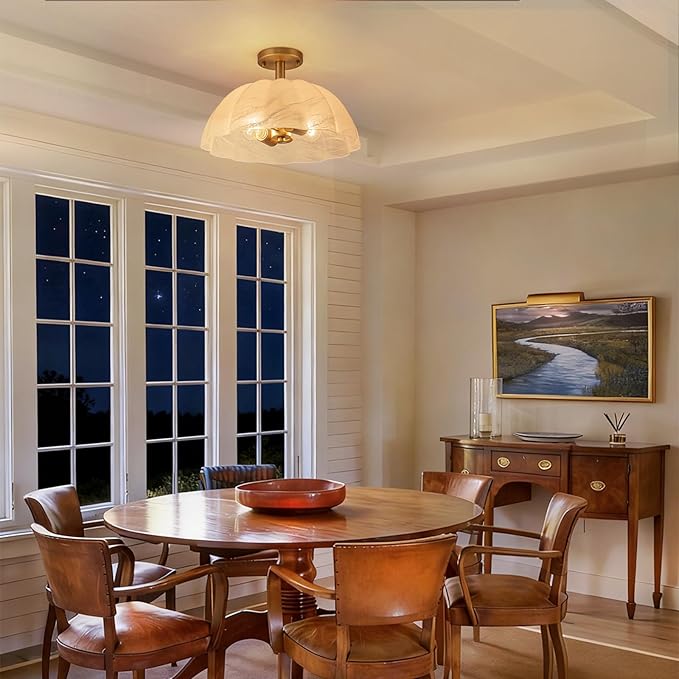 Mid-Century Modern Brushed Gold Semi Flush Mount Ceiling Light,2-Light Pumpkin Design Ceiling Light Fixture with Milky Cloudy Glass Shade,for Living Room,Dining Room,Bedroom,Entryway(15.98 inch)