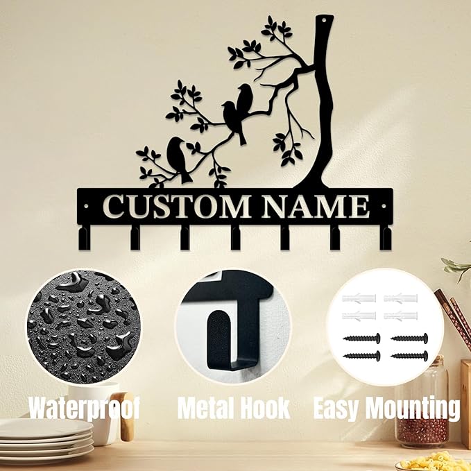 Personalized Custom Name Birds of Trees Wall Key Hooks,Metal Birds of Trees Art Clothes Hooks,Metal Birds of Trees Wall Home Storage Decorative,For Front Door, Hallway, Kitchen, Bedroom(Style G)
