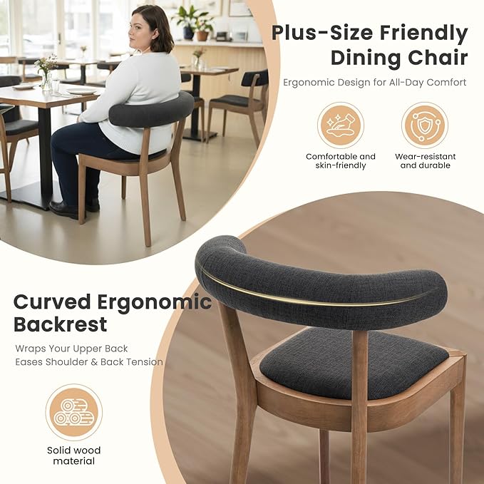 Kmax Dining Room Chairs Mid-Century Modern Fabric Kitchen Chairs with Natural Walnut Finished Frame, Linen Curved Back, 2-Pcs Set, Charcoal Black