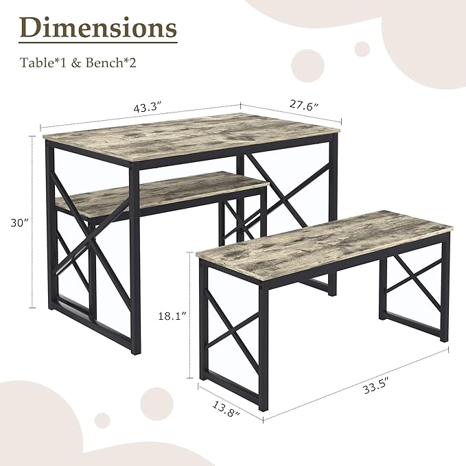 VECELO Kitchen Dining Table Benches Set for 4, 43.3" Wooden Dinette with 2 Benches, Heavy-Duty Dining Room Table for Small Space, Breakfast Nook, Grey