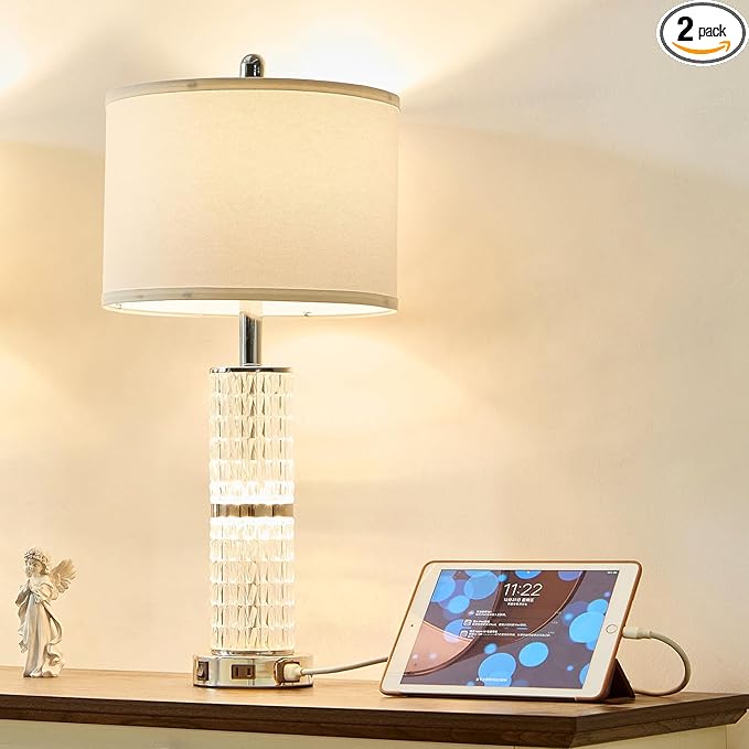 Crystal Table Lamps Modern 3-Way Dimmable Bedside Lamp with 2 USB Ports & AC Outlets for Living Room Bedroom Nightstand Lamp Night Light