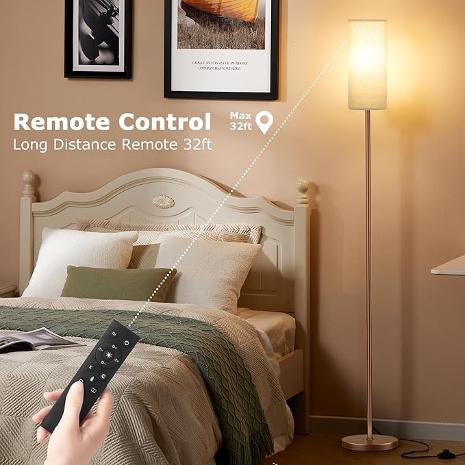 Ambimall 64'' Floor Lamps for Living Room with Remote Control and Stepless Dimmable Colors Temperature & Brightness, 9W Bulb Included(Beige Lampshade & Brown Pole)