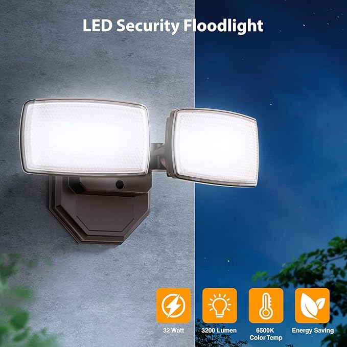 Onforu 3200LM Flood Lights Outdoor, 32W 6500K LED Security Light Switch Controlled, IP66 Waterproof Outdoor Lights, Wall Mount Exterior Flood Light with 2 Adjustable Heads Floodlights Outside
