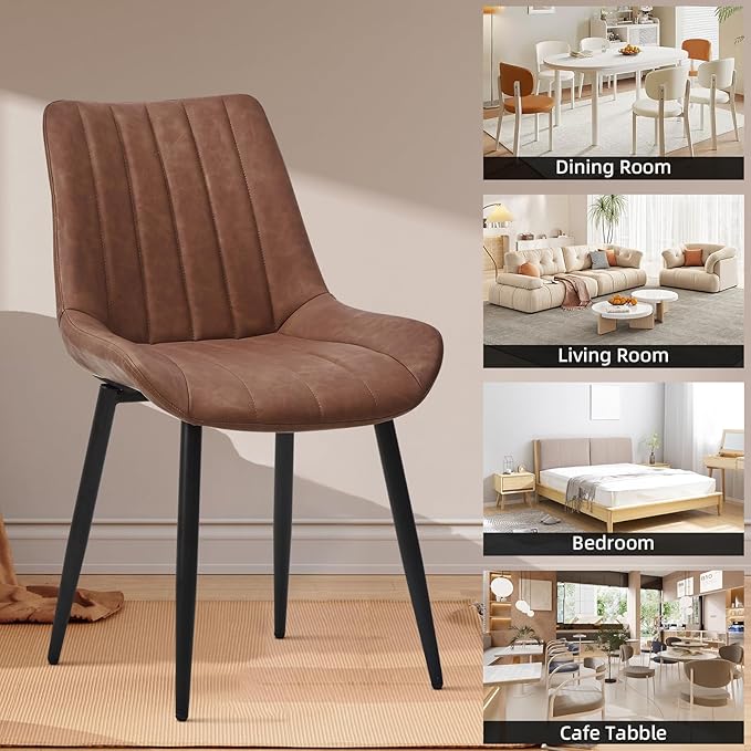Dining Chairs Set of 2, Faux Leather Modern Linear Design Dining Chair with Metal Legs, 16.9" Seat Width Chair for Kitchen, Lounge, Reception Room, Restaurant, Commercial (Brown)