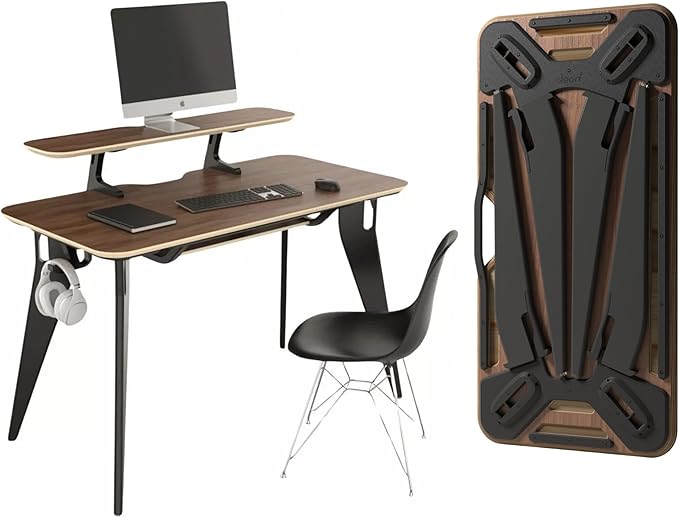 Hoek Folding Desk Bundle, 47.5" x 23", Compact Workstation with Monitor Shelf, Under Shelf, Hook, Quick One-Click Assembly, Portable Home Office Table for Small Spaces and Modern Living (Walnut/Black)