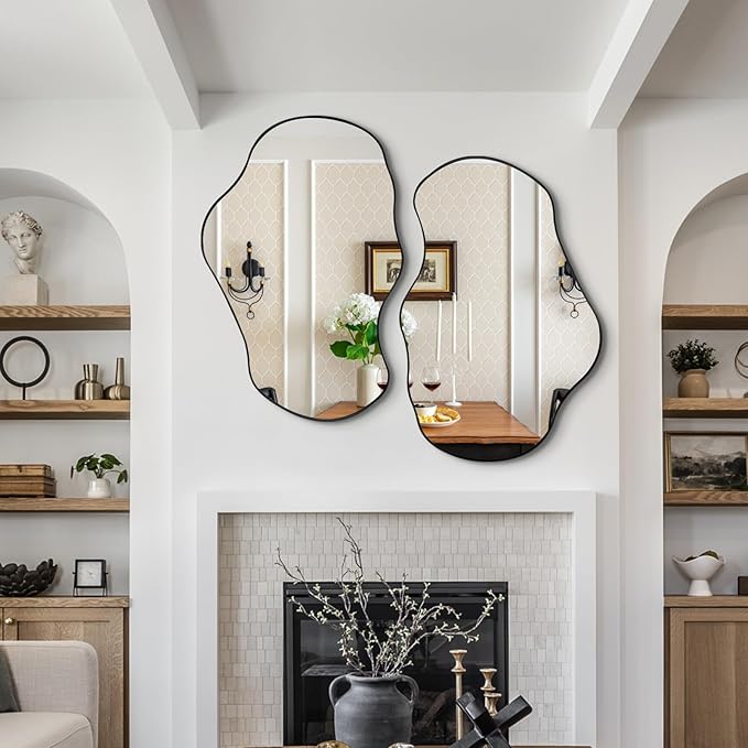 Irregular Shaped Mirror, 30"x20" Asymmetrical Mirrors with Metal Frame, Abstract Wall Mirrors Decorative, Modern Funky Mirror for Living Room Bathroom Bedroom Hallway Entryway Fireplace