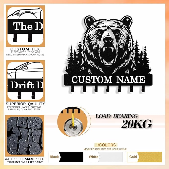 Personalized Bear Key Holder Wall Mount, Custom Metal Keys Hanger for Wall with Name, Custom Key Rack Holder with Hooks for Home, Entryway, Front Door, Living Room, Kitchen, Bathroom