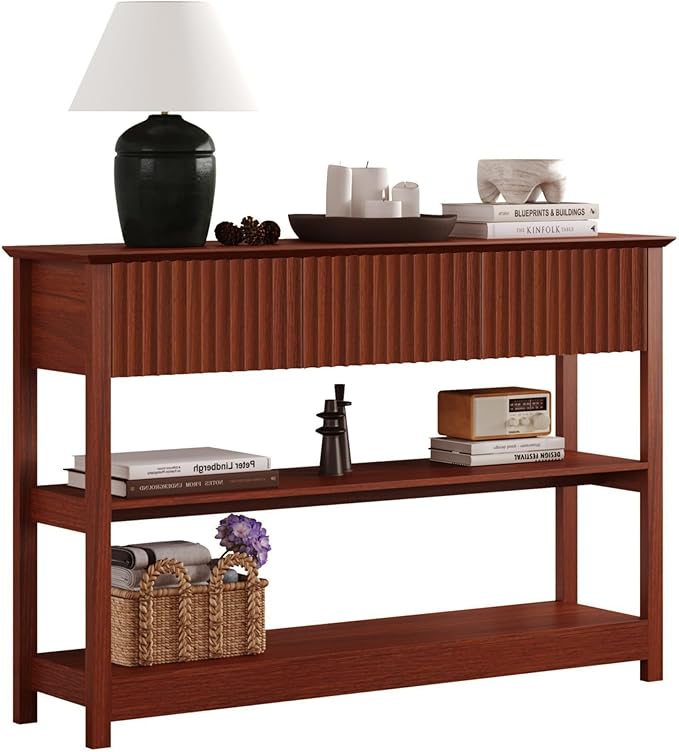 Treocho 47" Console Tables for Entryway, Fluted Entryway Table with Drawers and Shelves, Narrow Sofa Table Behind Couch Table for Entrance, Hallway, Living Room, Cherry Brown