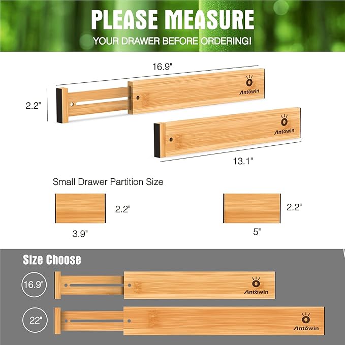 ANTOWIN Bamboo Drawer Dividers Organizers, Drawer Separators Splitter,13-17 inches Long Adjustable Spring-loaded Organizer for Large Utensil, Clothes, Tools Drawers (4+3)
