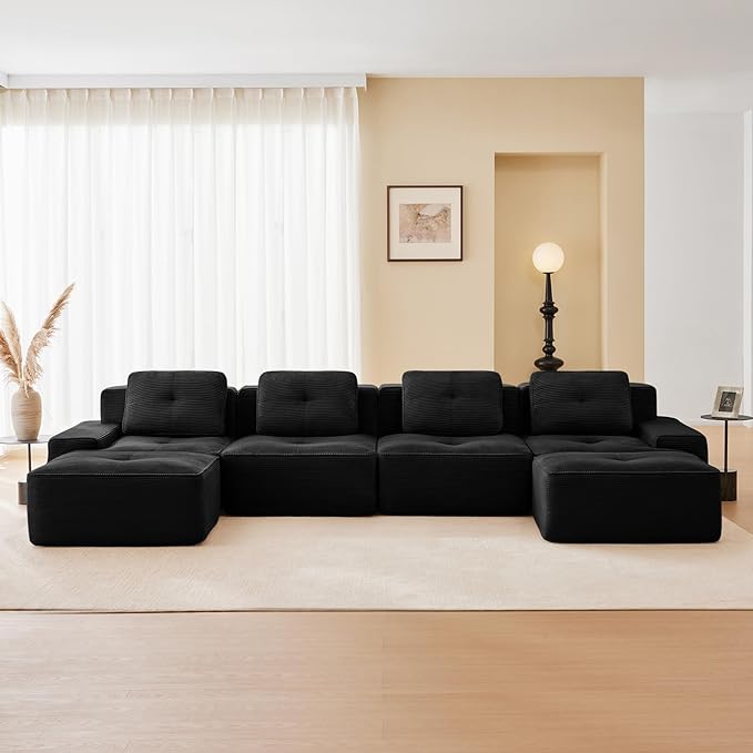 150" Modern Compressed Boneless Couch with Ottoman, 4 Seater Large U Shaped Sectional Couches for Living Room, Black Corduroy Cloud Modular Sectional Sofa, Memory Foam, Extra Deep, No Assembly