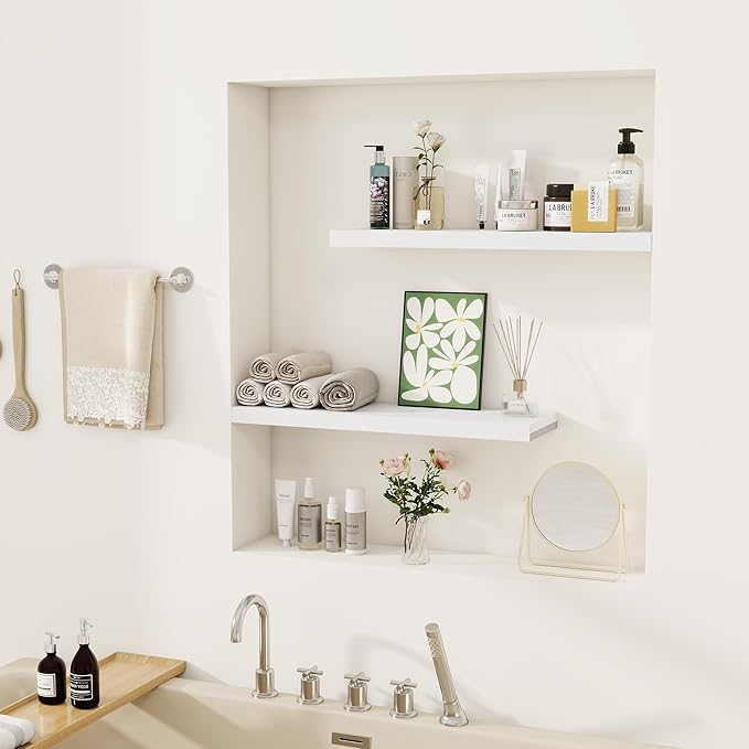 Fun Memories Floating Shelves for Wall, 22.5" Rustic Wood Deep Wall Mounted Shelves with Invisible Brackets for Decor & Storage, Floating Shelf for Living Room, Bathroom (White, Set of 2)